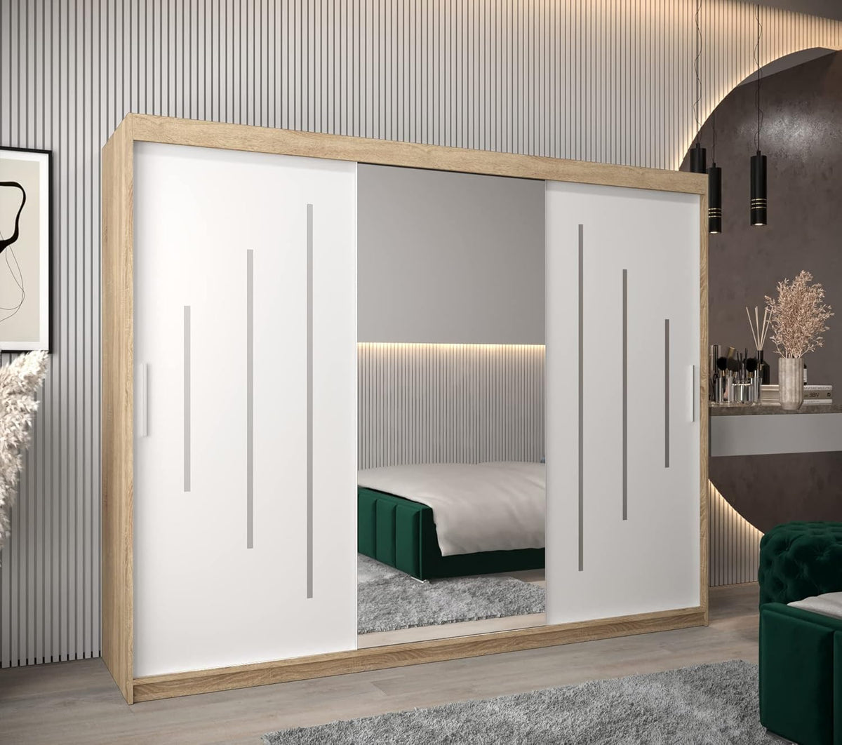 ABIKSMEBLE York 1 250 Armario 2 Puertas Correderas para Dormitorio - Armario Moderno con Espejo, Barra y Estantes - 250x200x62 cm (Ancho x Alto x
