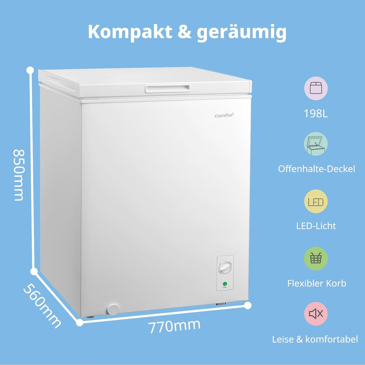 Comfee 198L Gefriertruhe, leise 37 dB, 4-Sterne-Gefrieren, Kühl-/Gefrier-Konvertierung (1–10°C / -24––12°C), 24‐h‐Schnellgefrierung 9kg,