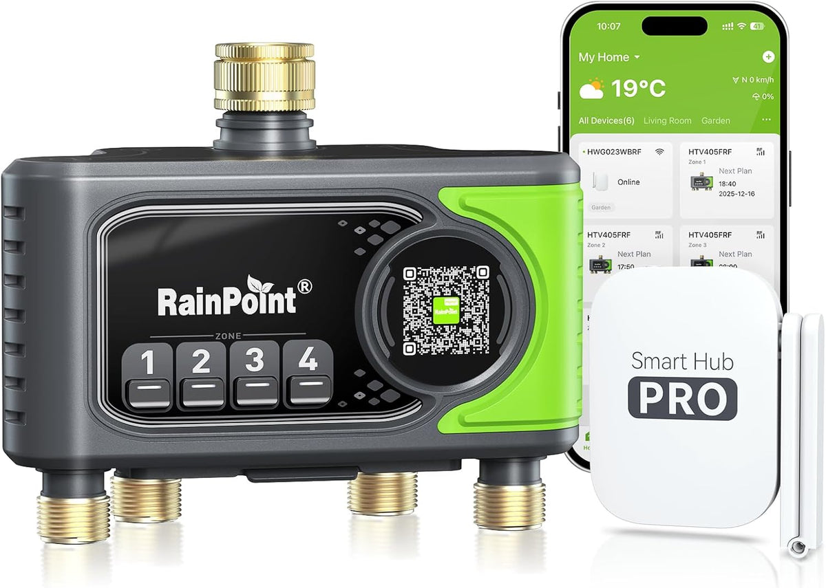 RAINPOINT Bewässerungscomputer WLAN mit 4 Ausgängen, Messing Ein- und Ausgang, Bewässerungsuhr 4 Zonen mit wetter- & bodenbasierter Steuerung, App- &