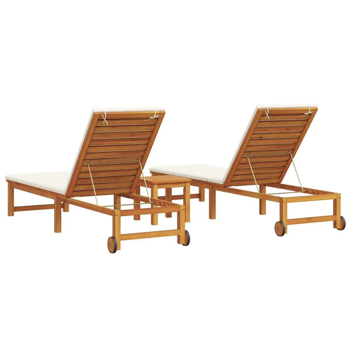 2025 Tumbonas 2 pcs con Mesa y Cojines de Madera Maciza de Acacia, Tumbona con Cojines Crema de Madera Maciza de Acacia, Mesa Lateral de Jardín