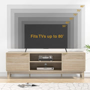 View 70" TV Stand for Living Room, Fluted Mid-Century Modern TV Console for TVs up to 80 inch, Farmhouse Entertainment Center with 2 Storage, Media Console Table for Living Room, Oak image 2