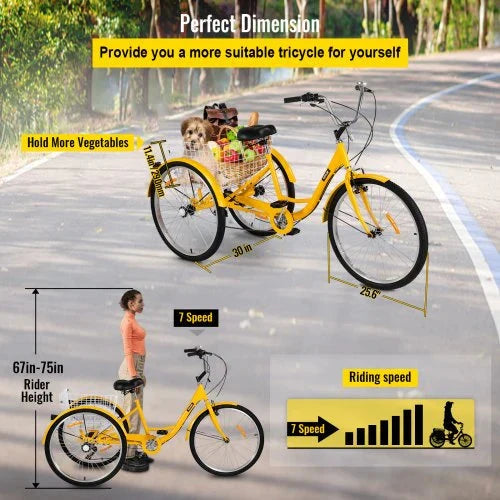 2025 Triciclo para adultos de 26 pulgadas, 7 velocidades, triciclo con canasta para paseos y compras