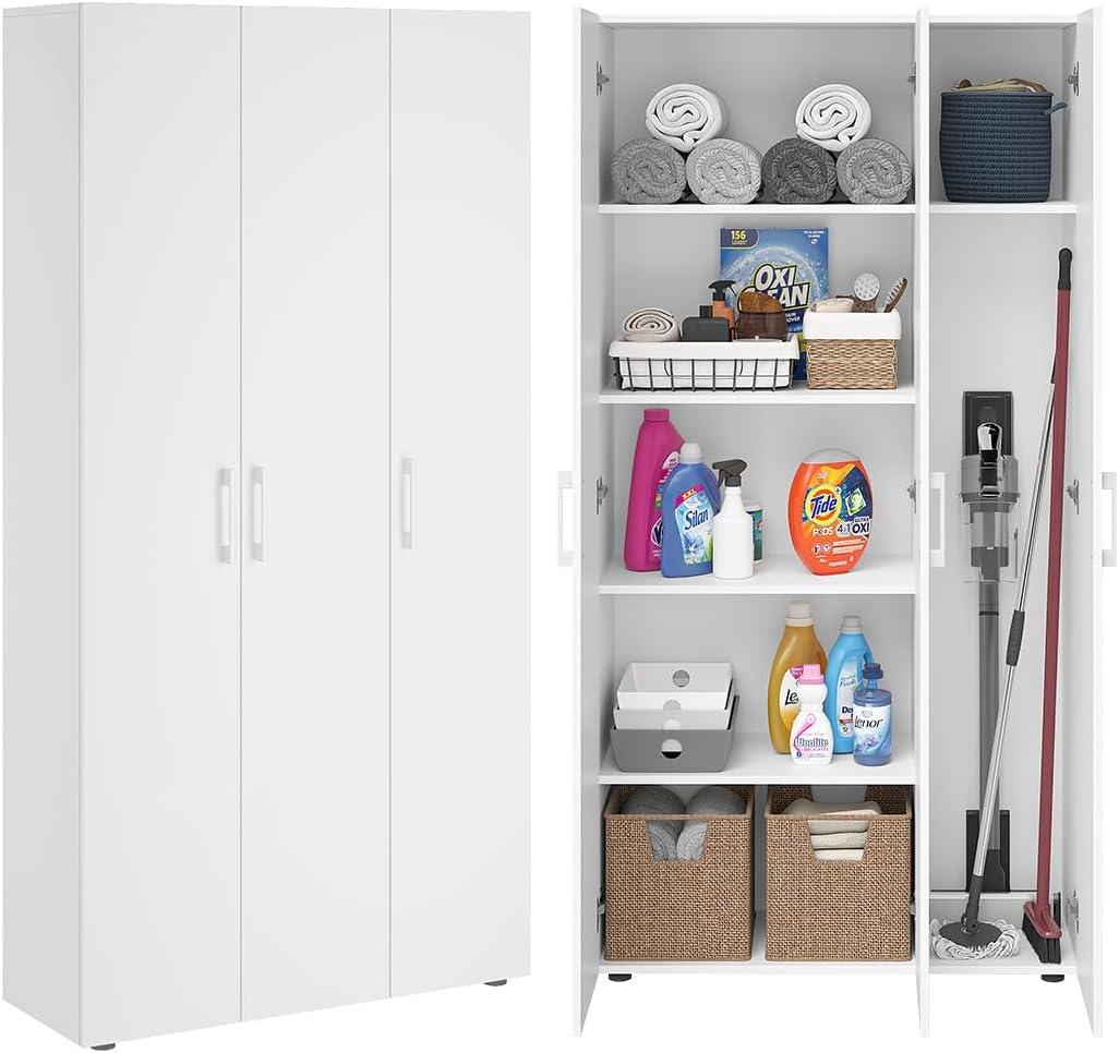 Bellamio Apol Mehrzweckschrank Weiß – Besenschrank 90 cm breit mit Stauraum – Putzschrank mit Staubsaugerfach – Vorratsschrank Küche - Aktenschrank