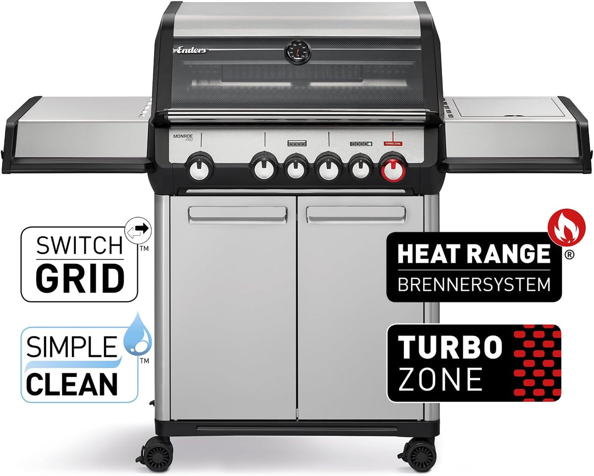Enders Gasgrill Monroe Pro 4 SIKR Turbo, 4-Brenner, mit Kocher und Infrarot-Heckbrenner, PanoVision Sichtfenster, Gussrost, Aluguss Grill, 800 °C