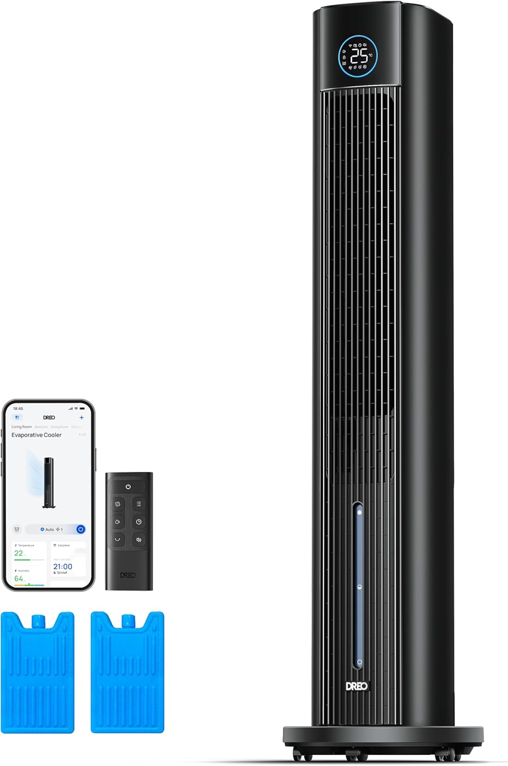 DREO Turmventilator mit Wasserkühlung, 110 cm Luftkühler mit Wasserkühlung Leise, 4-Geschwindigkeiten-4-Modi Verdunstungskühler, APP-Steuerung,