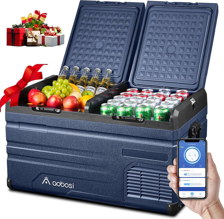 AAOBOSI 72L Kompressor Kühlbox, Dual Zone, Camping Kühlschrank mit APP, -20°C bis 20°C, USB-Handy-Ladung, LED-Beleuchtung, 12/24V und 100-240V,