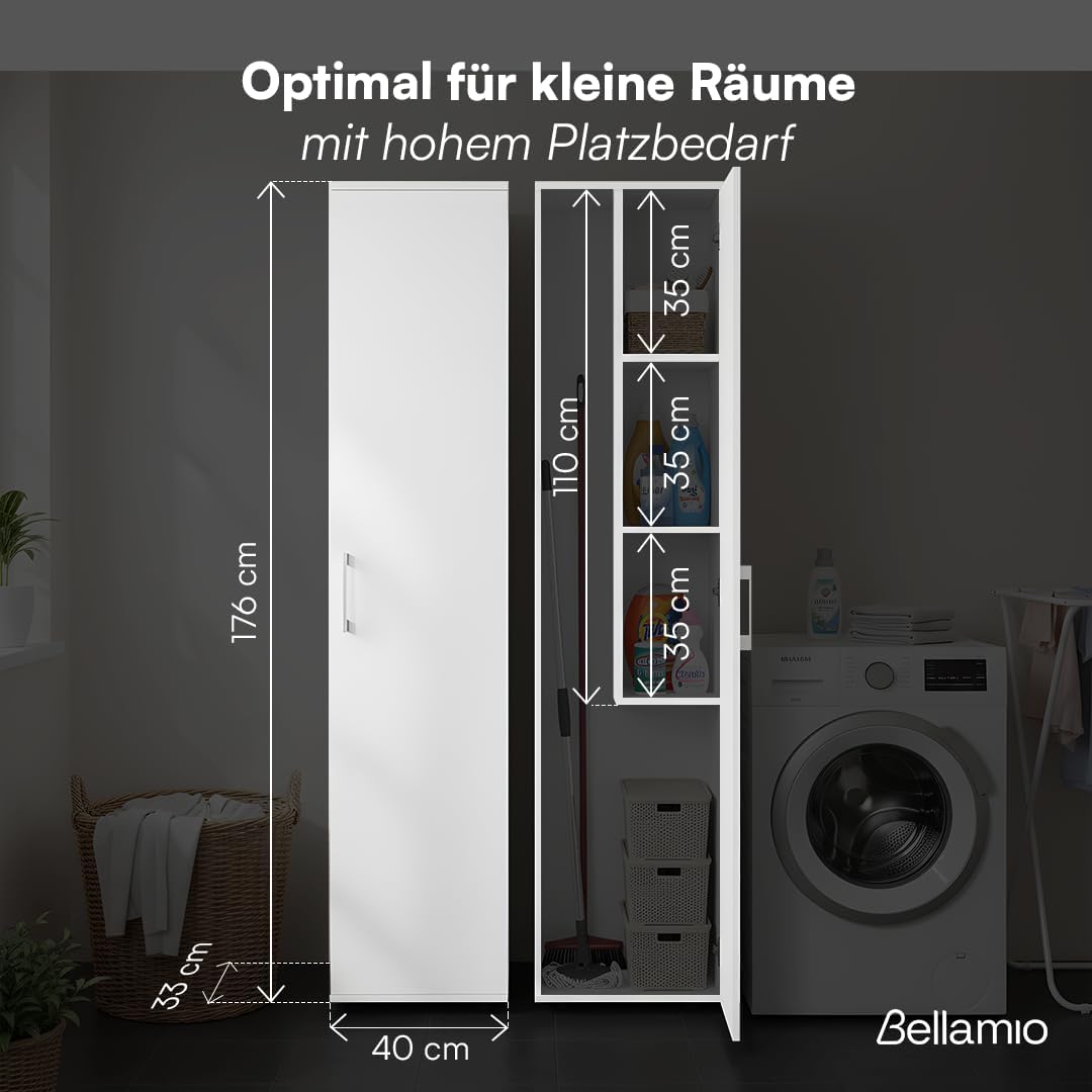 Bellamio Apol Besenschrank - Mehrzweckschrank 40 cm breit Weiß - Vorratsschrank mit Staubsaugerfach - Putzschrank aus Holz - Flurschrank mit Stauraum