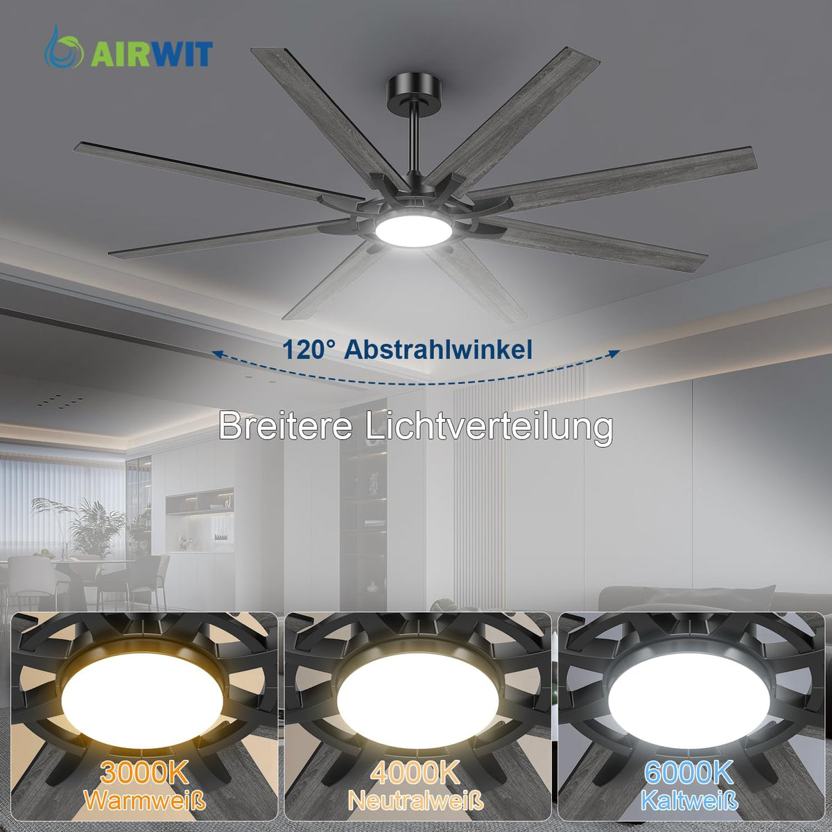 Airwit 183cm Deckenventilator mit Beleuchtung Extra Groß, Verbundholz Outdoor Leise Deckenventilator mit Licht und Fernbedienung, Lampe mit Ventilator