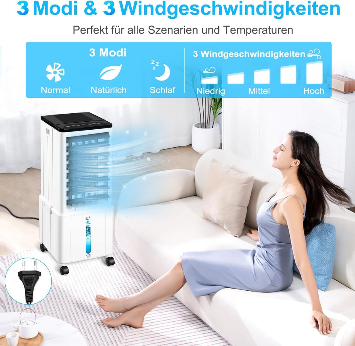 Klimagerät ohne Abluftschlauch, 14L 60W Klimaanlage Mobil mit 12H Timer, 3 Modus, 40dB, 120°Oszillation, Abnehmbare Wassertank, Fernbedienung, Leise