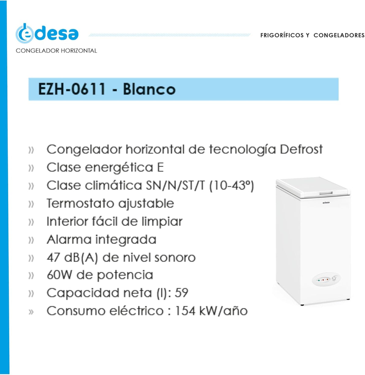 Edesa Congelador Horizontal EZH-0611, Altura 0.84 m, Termostato Ajustable, Fácil Limpieza, Alarma Integrada, Bajo Nivel Sonoro, Gran Capacidad 59 l,