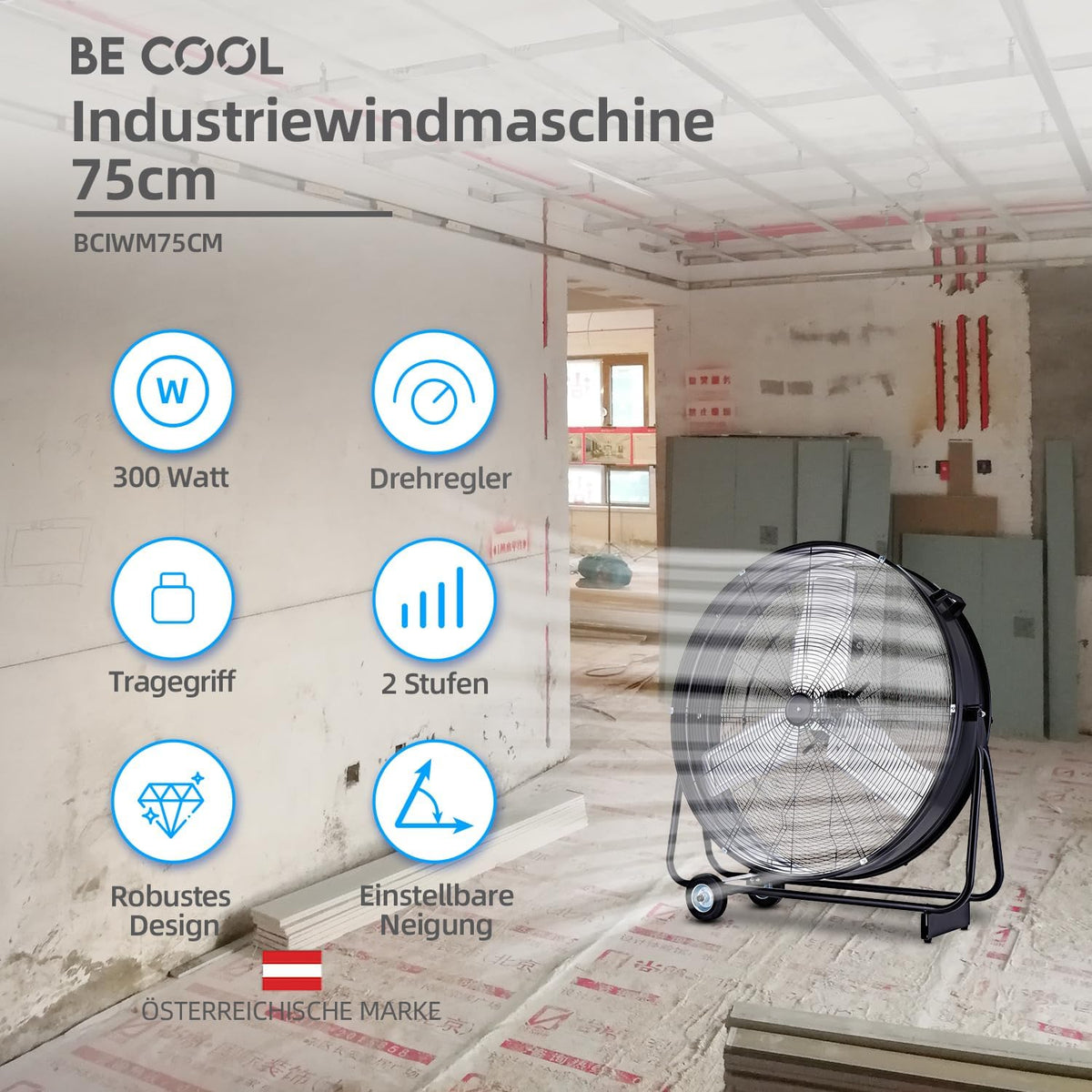 Be Cool Industrie-Windmaschine 75cm BCIWM75CM – Fahrbarer Trommelventilator, Ø 75 cm (30"), 300 Watt, Vollkupfermotor, 2 Geschwindigkeiten, Aluminium-