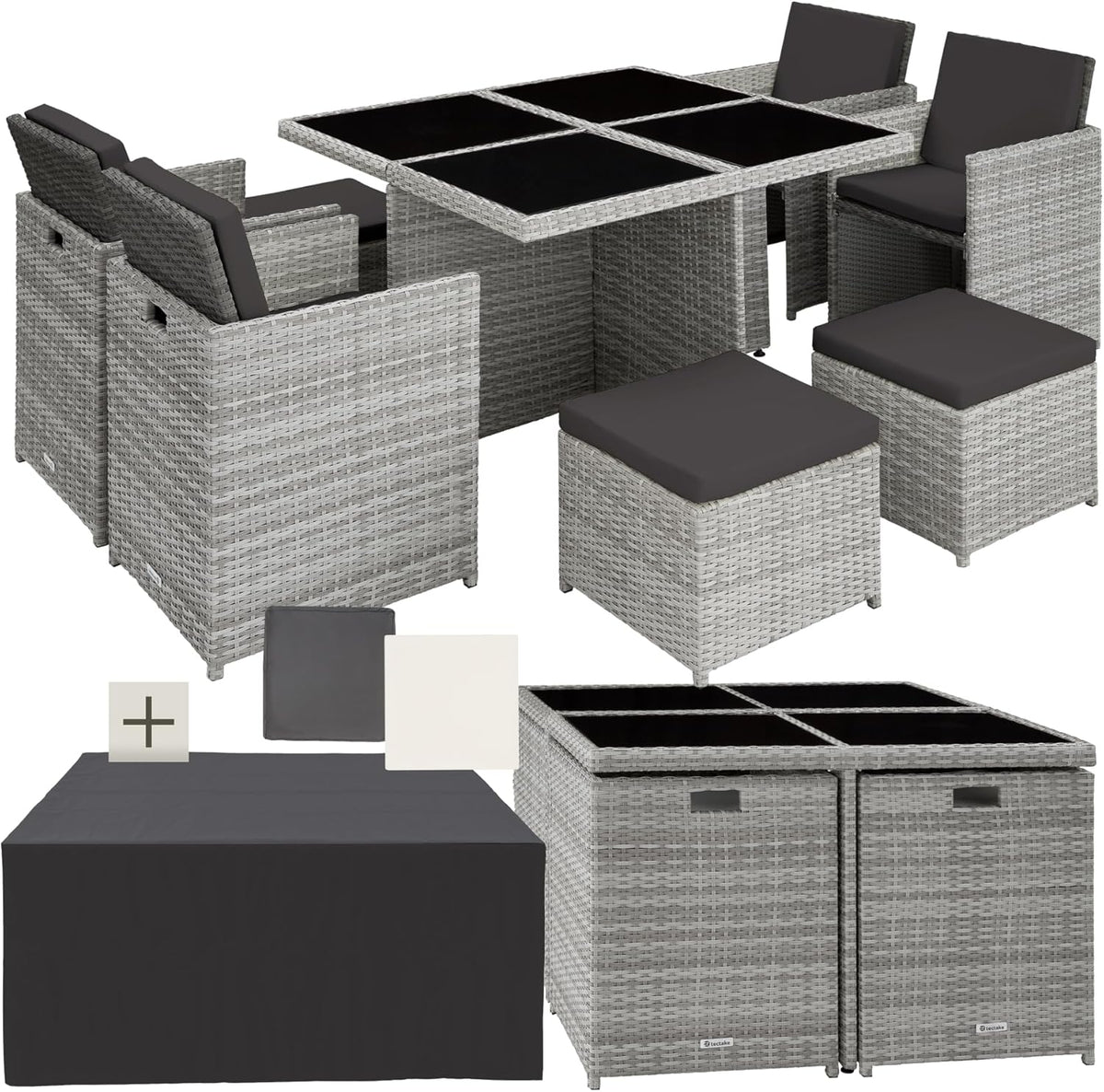 tectake Lounge Möbel Set 4X Stühle, 4X Hocker, 1x Tisch, platzsparende Cube Aufbewahrung, Outdoor Rattan Gartenmöbel für Balkon, Garten und Terrasse,