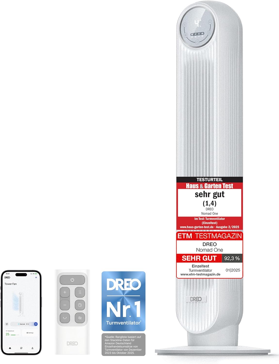 Dreo Smart 20dB Leiser Turmventilator, 10 m Wurfweite 4 Geschwindigstufen 4 Modi 8 Std. Timer 90° oszillierende Ventilator mit Kühlung WLAN &