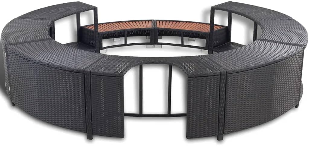 Hommdiy Umrandung mit Stauraum für Whirlpool Spa Schwimmbecken Poolumrandung Poly Rattan Schwarz Hartholz Rund Pulverbeschichteter Stahl Schwarz