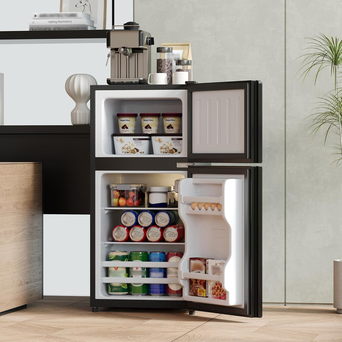Merax Kühlschrank mit Gefrierfach, 60L Kleiner Kühlschrank, kompakt, Glastür, LED-Innenbeleuchtung, manuelle Temperaturregelung, Glasablagen, 45 dB(A)