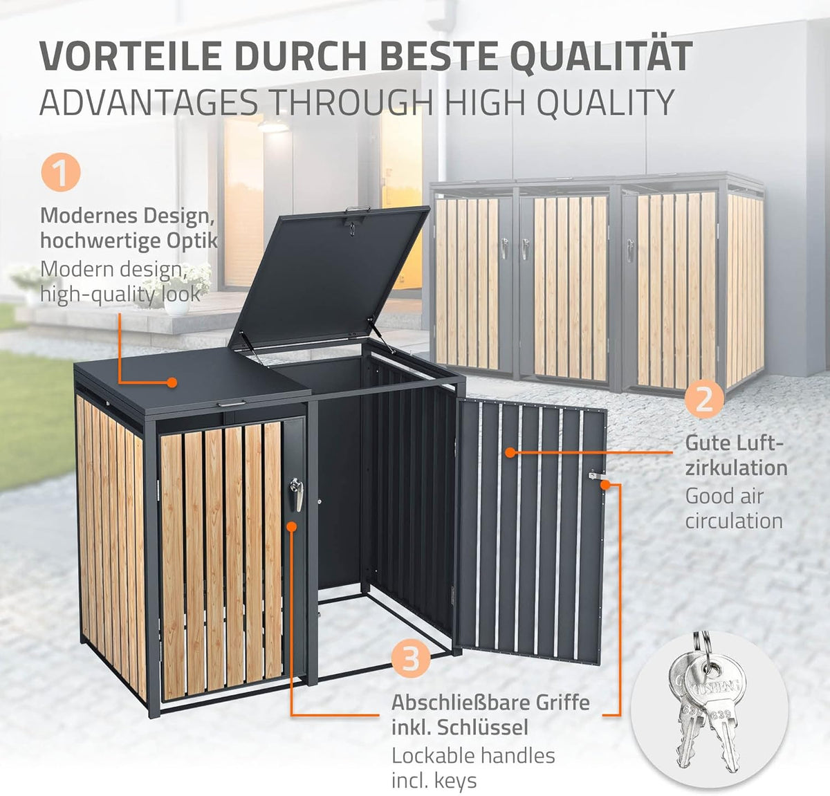 ML-Design Mülltonnenbox 3er 3 Tonnen 240L 200x80x116,3cm Anthrazit-Holzoptik, Stahl wetterfest/abschließbar Mülltonnenverkleidung Klappdeckel/3 Türen,
