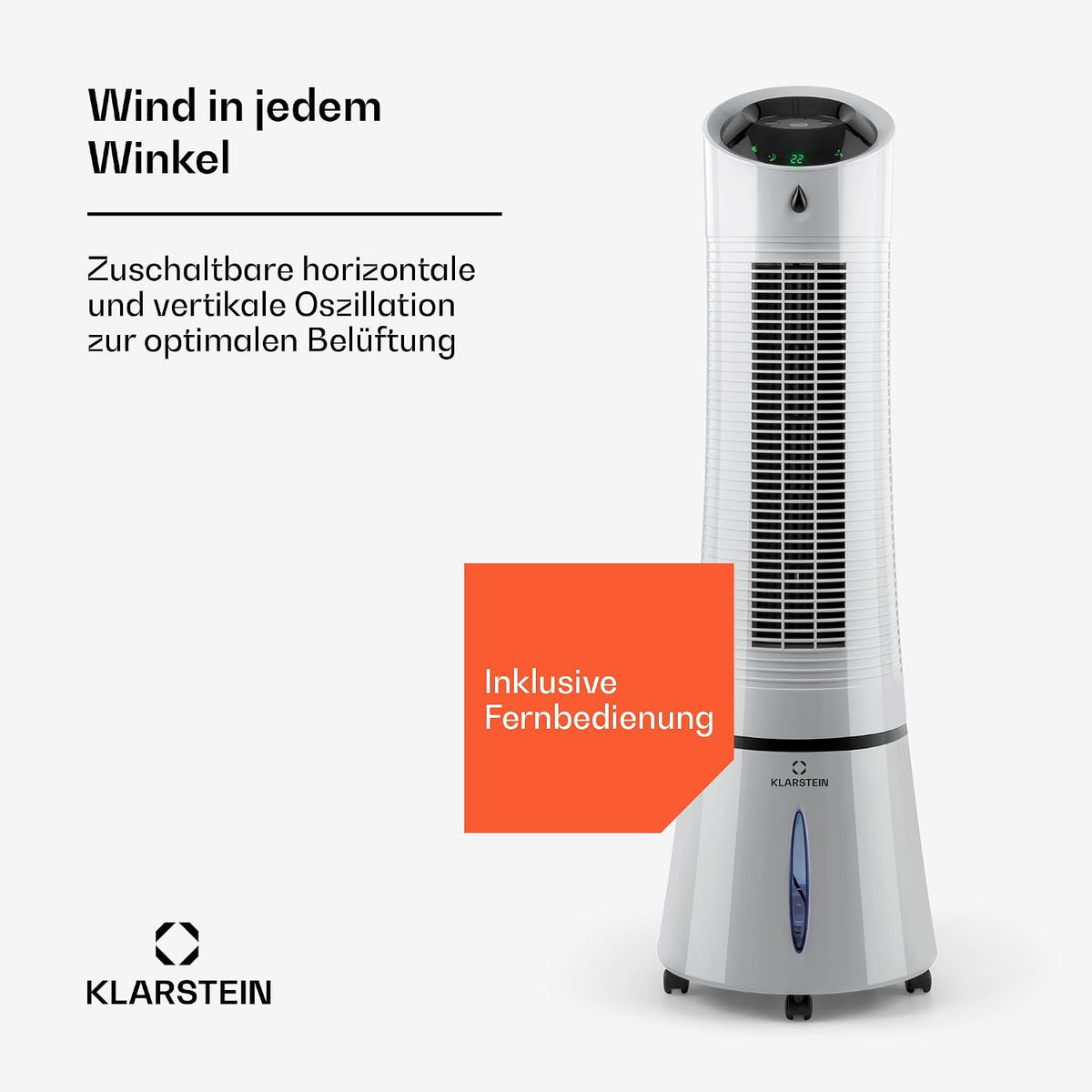 Klarstein 4-in-1: Smart Luftkühler, Ventilator, Luftbefeuchter & Ionisation I 6 L Wassertank, Oszillation, 30 W, 210 m³/h, Timer I Klimagerät ohne