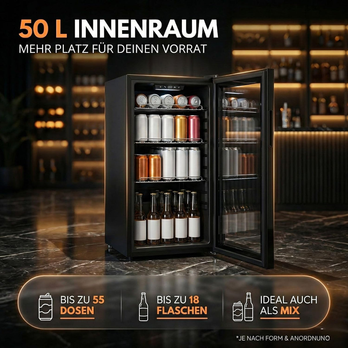 Sommertal Getränkekühlschrank 50L – Mini Kühlschrank schwarz mit Glastür, Touchscreen & LED | Kleiner Flaschenkühlschrank abschließbar & leise für