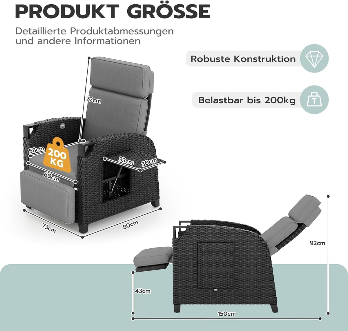 UDPATIO Sillón Ratán Jardin Exterior Reclinable, Tumbona de Jardín Ajustable 150°, con Respaldo Ajustable, Fundas + Extraíbles Cojines, Impermeable,