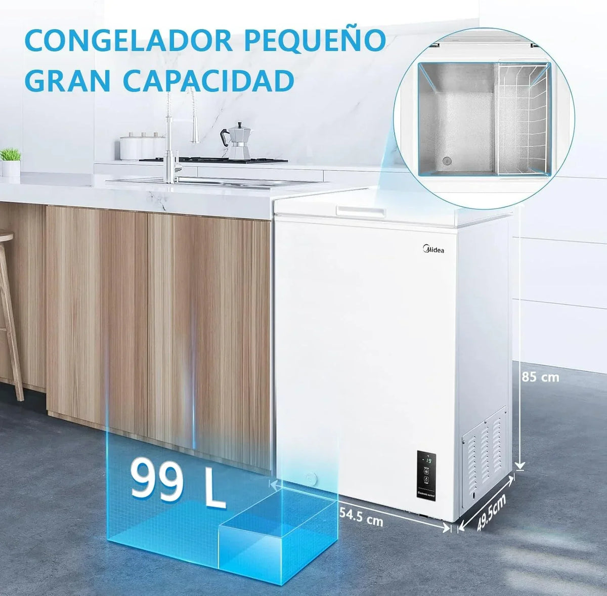 MIDEA Arcon Congelador Pequeño Horizontal de 99L, Motor Inverter, Control Electrónico de Temperatura, Tecnologia D-TYPE Tube, Cestas con Asa, Easy