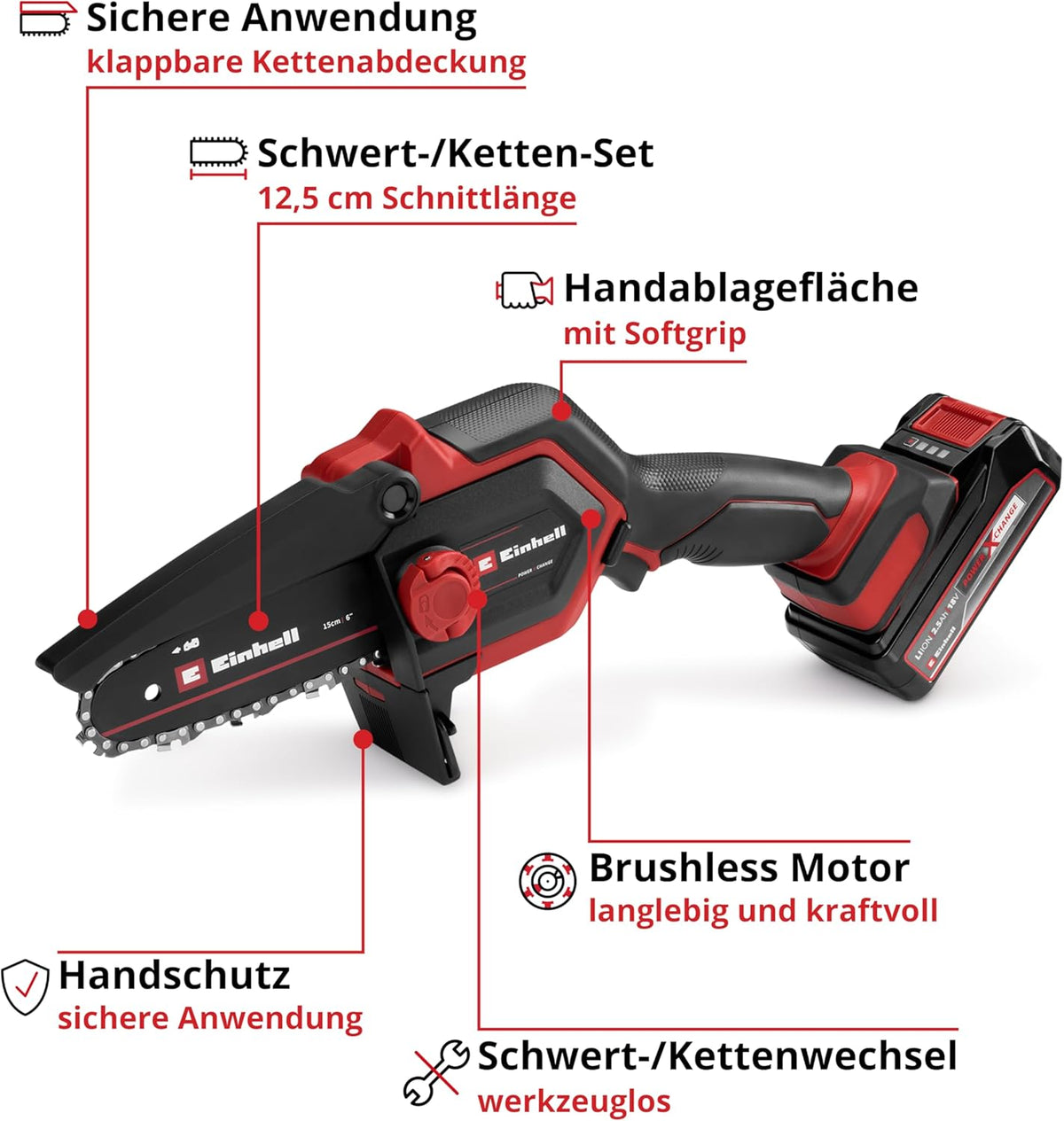 Einhell Akku-Astkettensäge GE-PS 18/15 Li Bag Kit Power X-Change (18 V, Brushless, 12,5 cm Schnittlänge, inkl. 2,5 Ah Akku, Ladegerät, Ersatzkette,