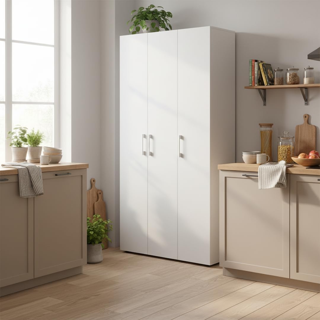 Bellamio Apol Mehrzweckschrank Weiß – Besenschrank 90 cm breit mit Stauraum – Putzschrank mit Staubsaugerfach – Vorratsschrank Küche - Aktenschrank