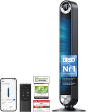 View DREO 25 dB Leiser Smart Turmventilator, 106cm Höhe 4 Modi 9-Geschwindigkeit Max 7,9m/s 12H Timer 90° Oszillierender Ventilator mit Fernbedienung image 1