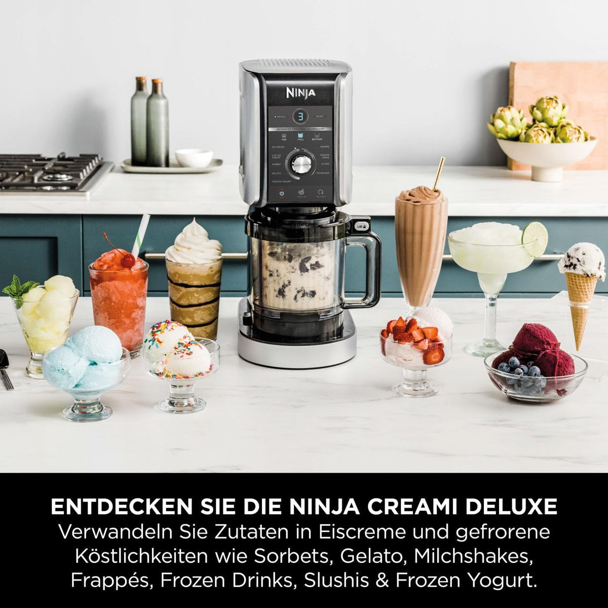 Ninja CREAMi Deluxe Eis-und Eisgetränkmaschine mit 2 Bechern, 10 Funktionen, macht Eiscreme, Gelato, Sorbet, Frozen Yoghurt, Milchshakes, Slushi &