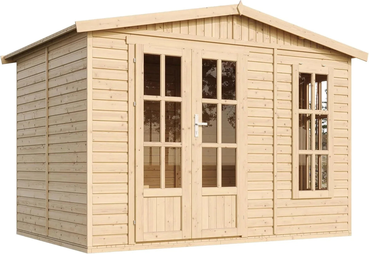 TIMBELA Caseta de jardín de Madera de 6 m2 - Cobertizo Jardin Exterior con Suelo, Ventana, Puerta Doble - Cabaña de jardín para Trabajar en casa - con