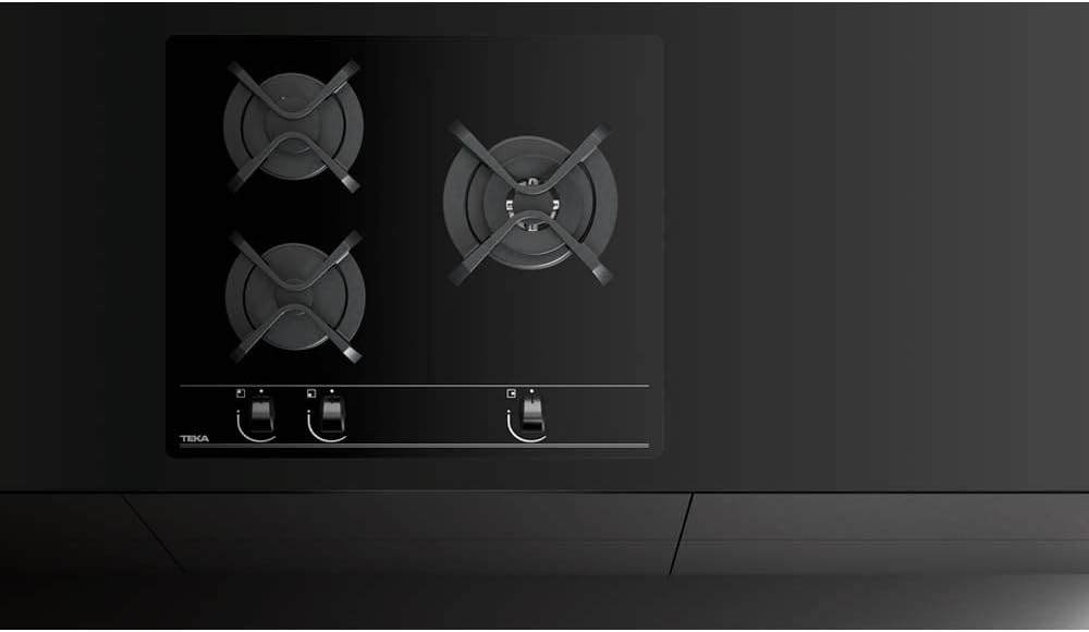 TEKA Placa de Gas Natural 60 cm, 3 Fuegos, Cristal Templado, Mandos Frontales Ergonómicos, Quemador Doble Anillo, Seguridad Termopar, Autoencendido,