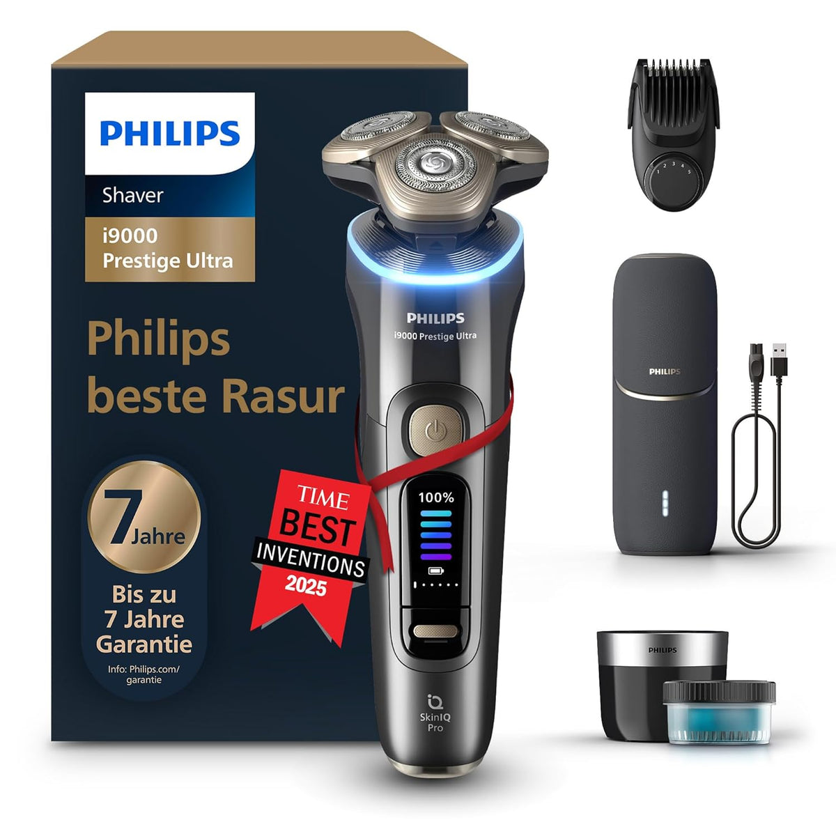 Rasierer i9000 Prestige Ultra, Nass- und Trockenrasierer für Herren, adriatic, Druck- und Bewegungssensor, 5+1 Bartstyler, Reinigungsstation, UV-