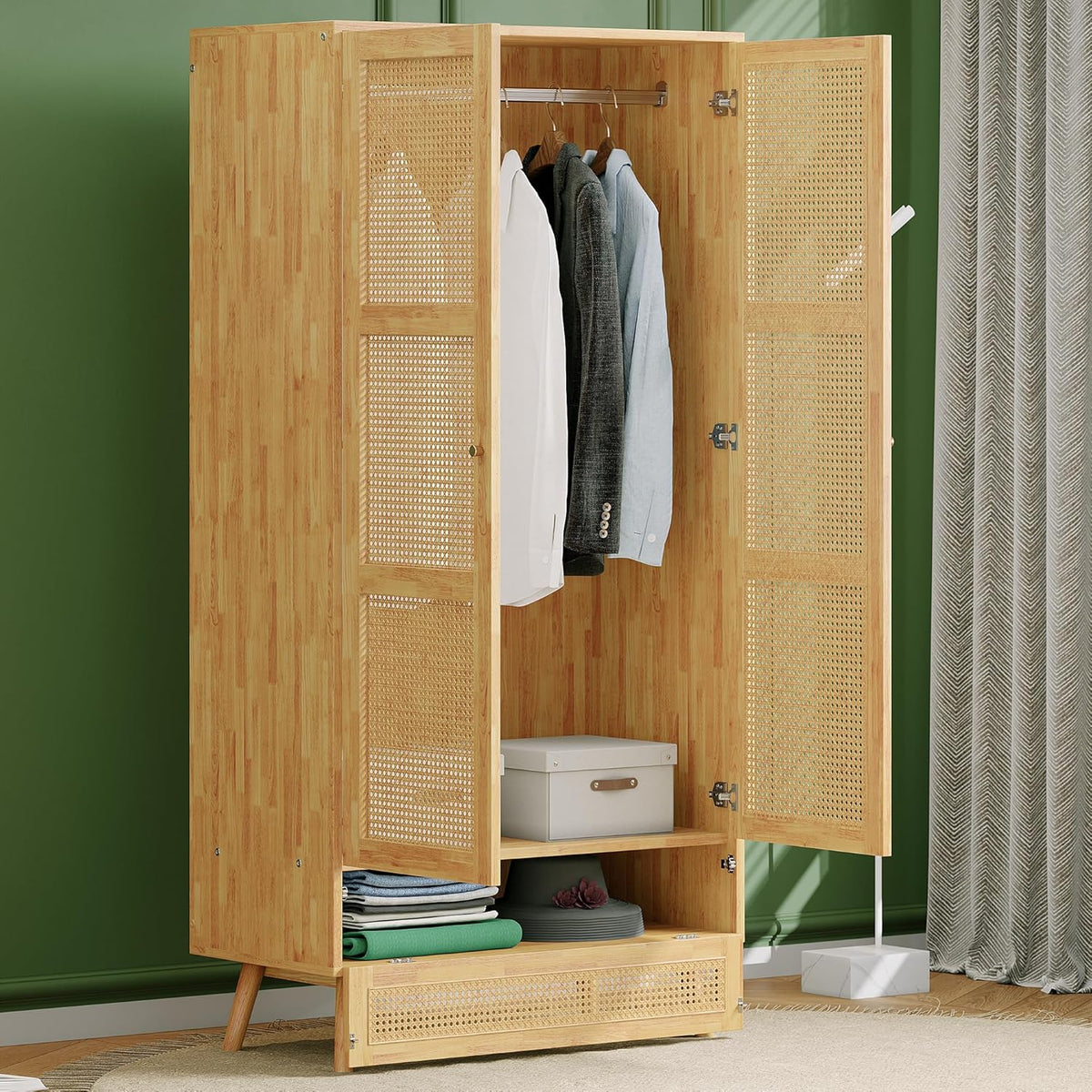 Soweiz Armario con barra, armario de 2 puertas, dormitorio, red de ratán, sala de estar, con tapa inferior abatible, tableros de partículas+ratán de