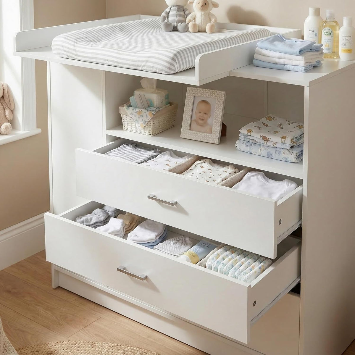 ecomi Cómoda Cambiador para bebé en Madera con Plan de Cambiar, 3 cajones, 1 puerta, Altura 100 cm, Color Blanco, Dimensiones 113x100 cm, tiradores