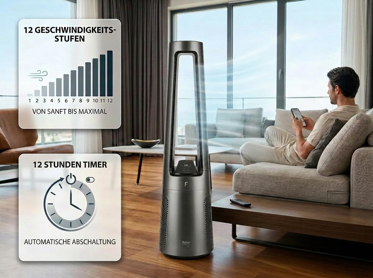 Fakir TVL 100 Flügelloser Turmventilator - DC-Motor, 12 Lüfterstufen, 30 dB(A), 60° Oszillation, 12h Timer, LED Touch Display, Fernbedienung,