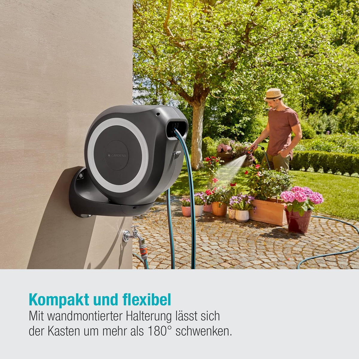 Gardena Wand-Schlauchbox RollUp M 20 m: Flexible Bewässerung für mittelgroße Gärten, schwenkbare Schlauchtrommel, mit Wandhalterung, Systemteilen und