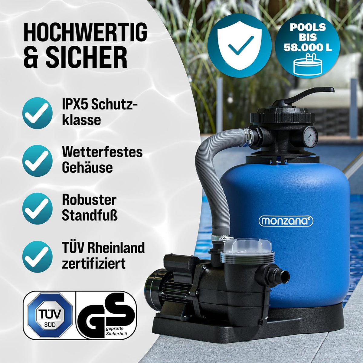MONZANA Sandfilteranlage 13.200L/h bis 58.000L Pool Vorfilter 7-Wege-Ventil 600W 30L Tank 2in1 Adapter Ø32-38mm Filteranlage Poolfilter Sandfilter
