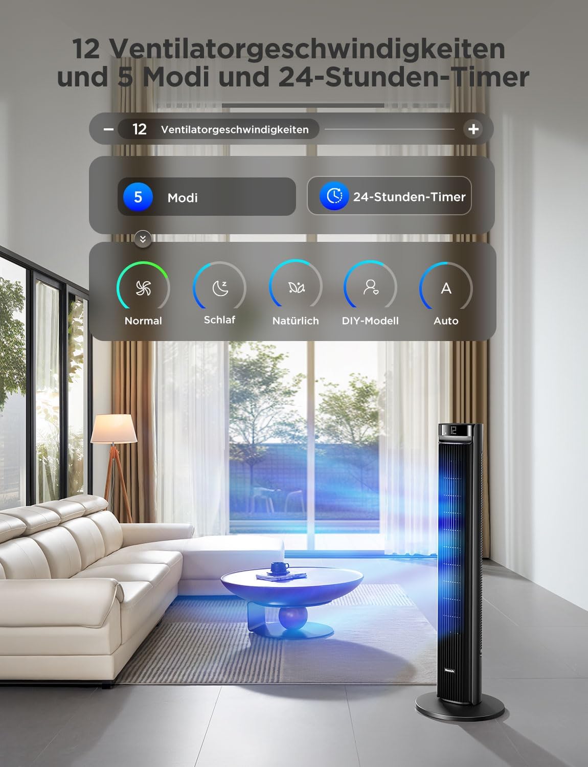 GoveeLife 27 dB leiser Ventilator, 12 Geschwindigkeiten bis zu 8 m/s, 5 Modi, 24-Stunden-Timer, intelligenter Turmventilator mit 150°-Oszillation, APP