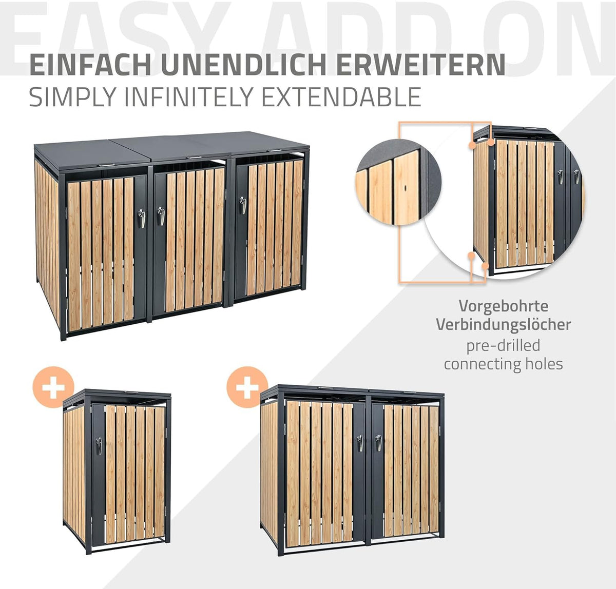 ML-Design Mülltonnenbox 3er 3 Tonnen 240L 200x80x116,3cm Anthrazit-Holzoptik, Stahl wetterfest/abschließbar Mülltonnenverkleidung Klappdeckel/3 Türen,