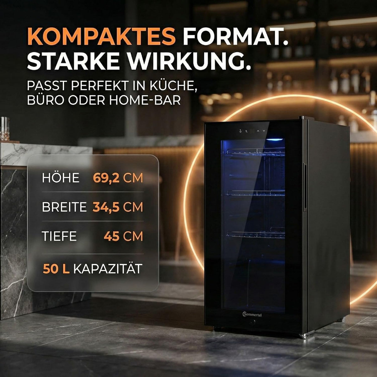 Sommertal Getränkekühlschrank 50L – Mini Kühlschrank schwarz mit Glastür, Touchscreen & LED | Kleiner Flaschenkühlschrank abschließbar & leise für