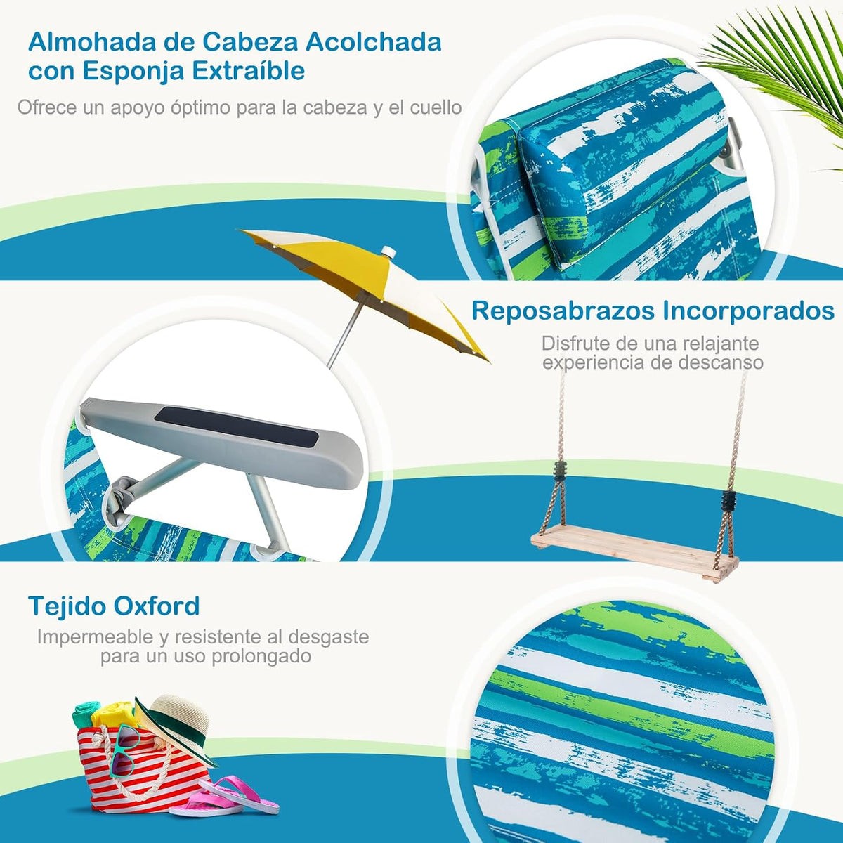 COSTWAY Silla Plegable de Playa, Tumbona con 5 Posiciones, Portavasos, Bolsillos de Almacenamiento, Correas de Hombro, Soporte para Toallas, Almohada,