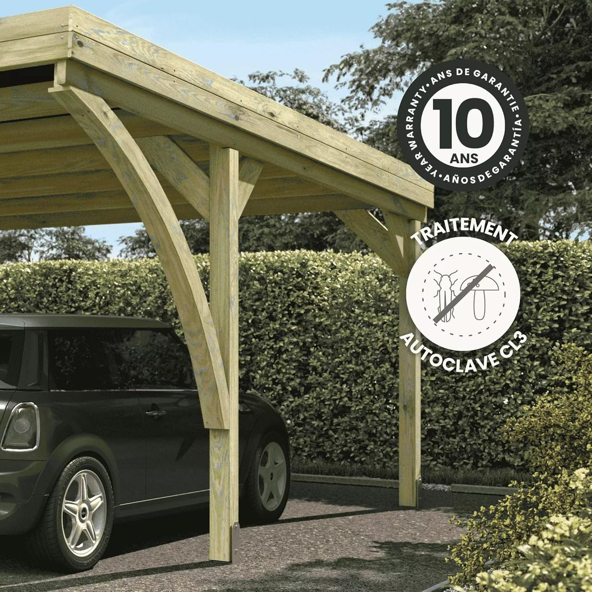Forest Style - Cochera Doble Victor Modern 30,9 m² (6,02 x 5,11 x 2,52 m) – Madera de Pino Tratada – Techo de Policarbonato – Aparcamiento Cubierto