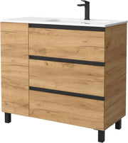 View Mueble de Baño BEQUIA Plus Metal 3C 90cm Roble | Lavabo Porcelana Grifo Derecha image 1