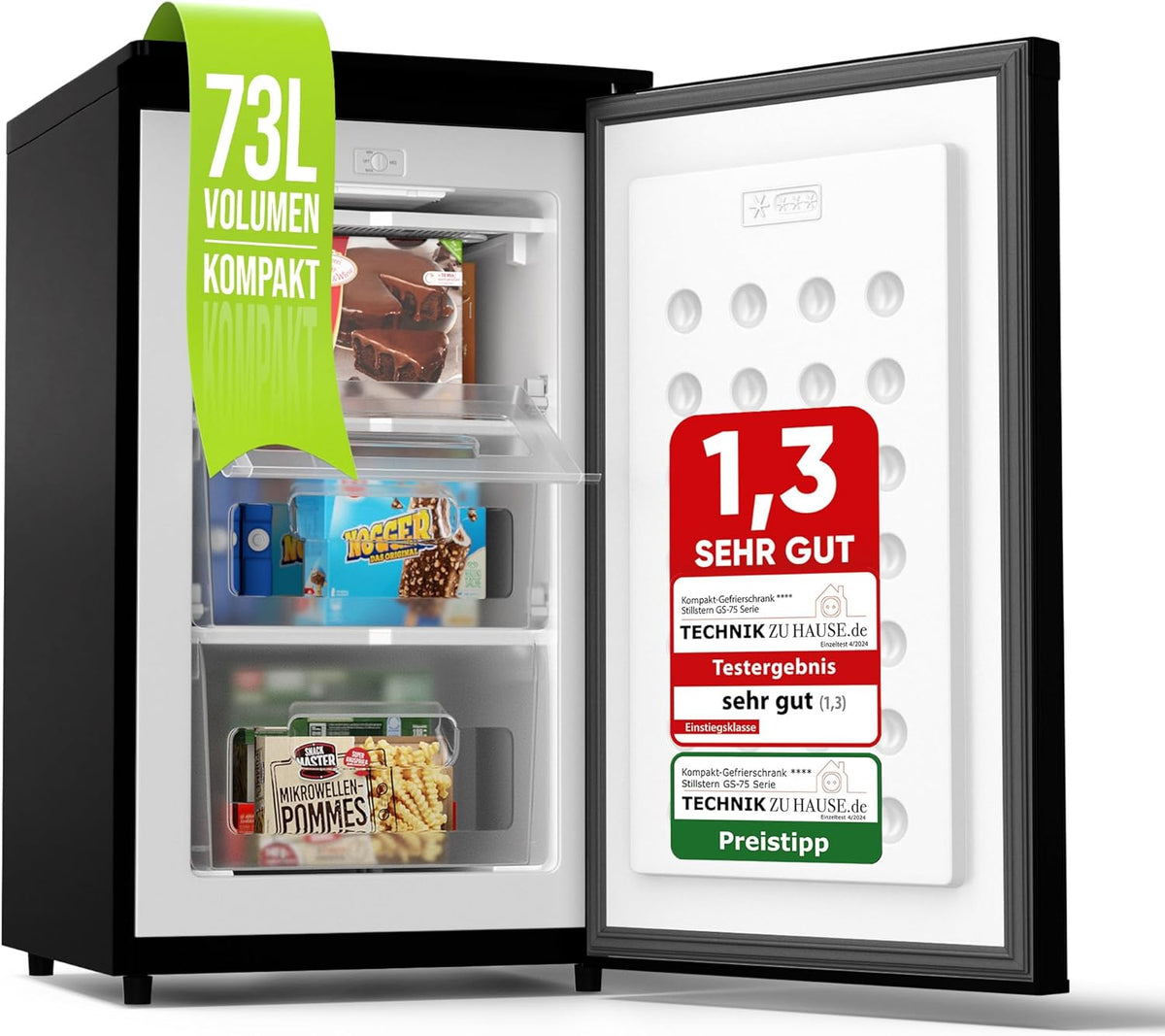 Stillstern Gefrierschrank C (73L) 4-Sterne-Gefrierfach -18°C ger. Energiever. Mini Freezer mit 3 Fächer, stufenlos reg. Temp., kleine Tiefkühltruhe,