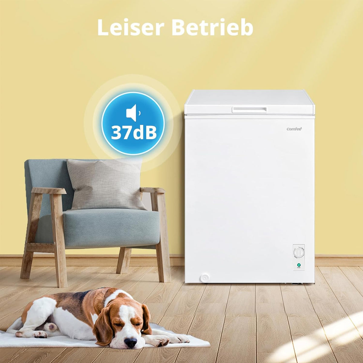 Comfee 198L Gefriertruhe, leise 37 dB, 4-Sterne-Gefrieren, Kühl-/Gefrier-Konvertierung (1–10°C / -24––12°C), 24‐h‐Schnellgefrierung 9kg,