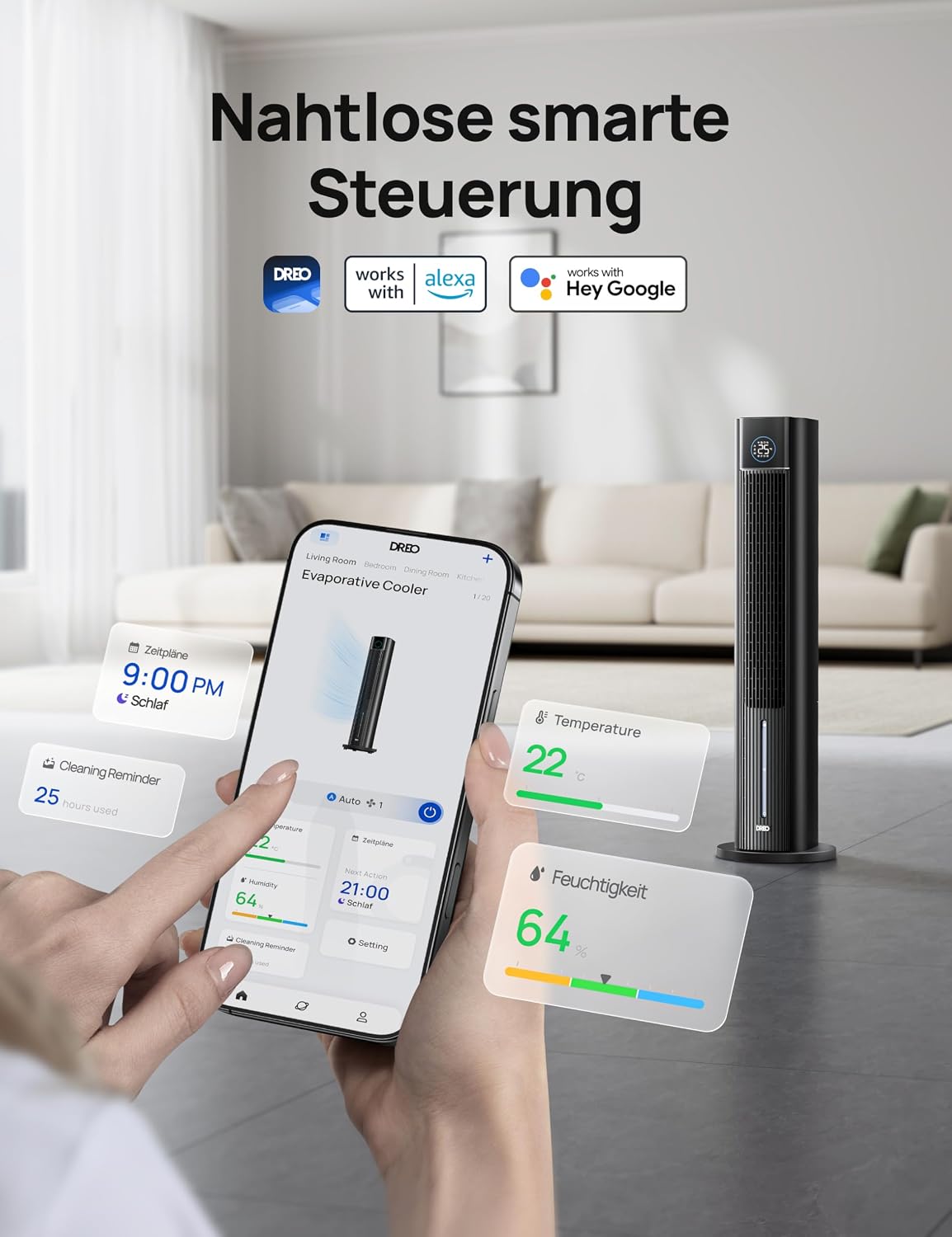 DREO Turmventilator mit Wasserkühlung, 110 cm Luftkühler mit Wasserkühlung Leise, 4-Geschwindigkeiten-4-Modi Verdunstungskühler, APP-Steuerung,
