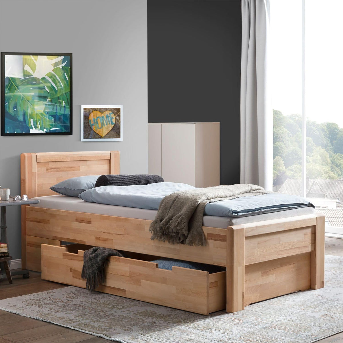 Ewen Seniorenbett Massivholz 90x200 cm mit Schubkasten Komforthöhe aus geölter Kernbuche, Natur, mit Auflageleisten, 48 cm Einstiegshöhe,