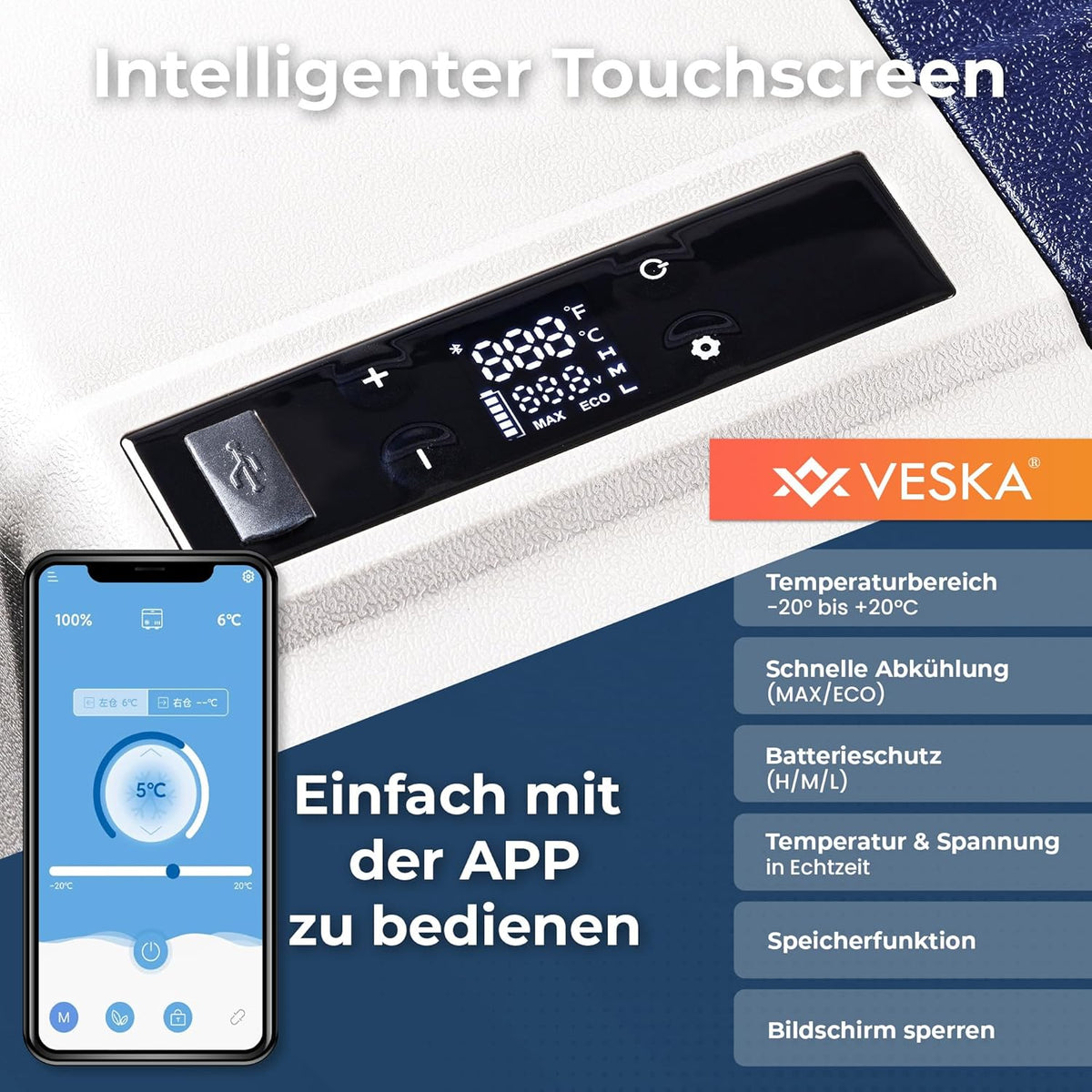 Kompressor Kühlbox elektrisch, Gefriertruhe mit APP-Steuerung, USB-Anschluss, 12/24V, 230V, Räder, transportabler Kühlschrank, Kühltruhe, Gefrierbox