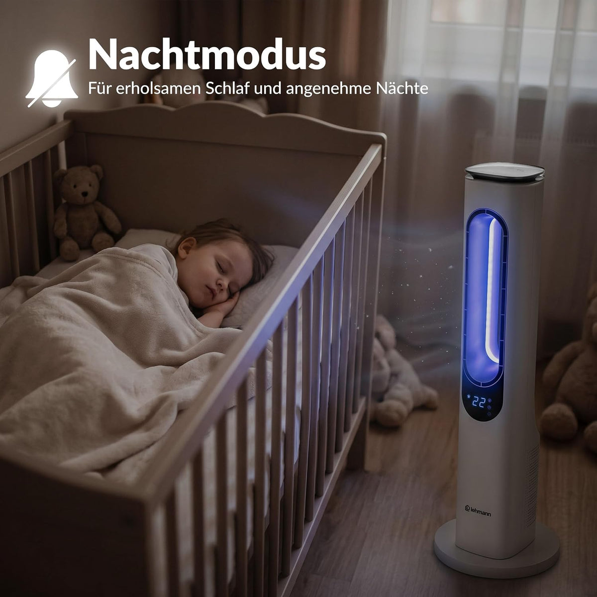 LEHMANN Turmventilator mit Fernbedienung & LED-Display, leiser Ventilator mit Schlafmodus, 15 h Timer, 3 Lichtfarben, 3 Modi, 3 Geschwindigkeiten,