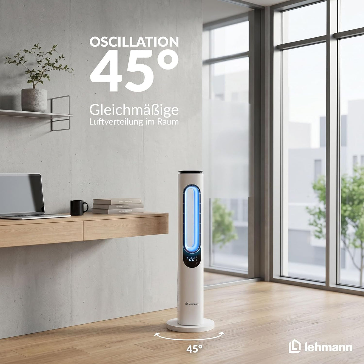 LEHMANN Turmventilator mit Fernbedienung & LED-Display, leiser Ventilator mit Schlafmodus, 15 h Timer, 3 Lichtfarben, 3 Modi, 3 Geschwindigkeiten,