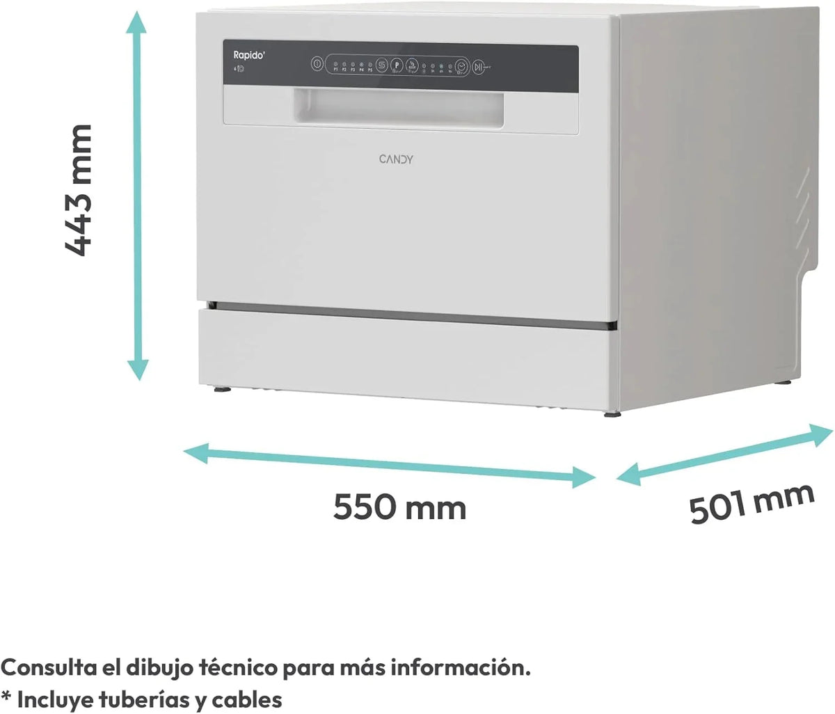 Candy CP 6E51LW Lavavajillas Pequeño y Compacto, 6 Servicios, Digital, 51DBA, 5 Ciclos, Media Carga, Inicio Diferido 3-6-9 horas, Indicador Sal y